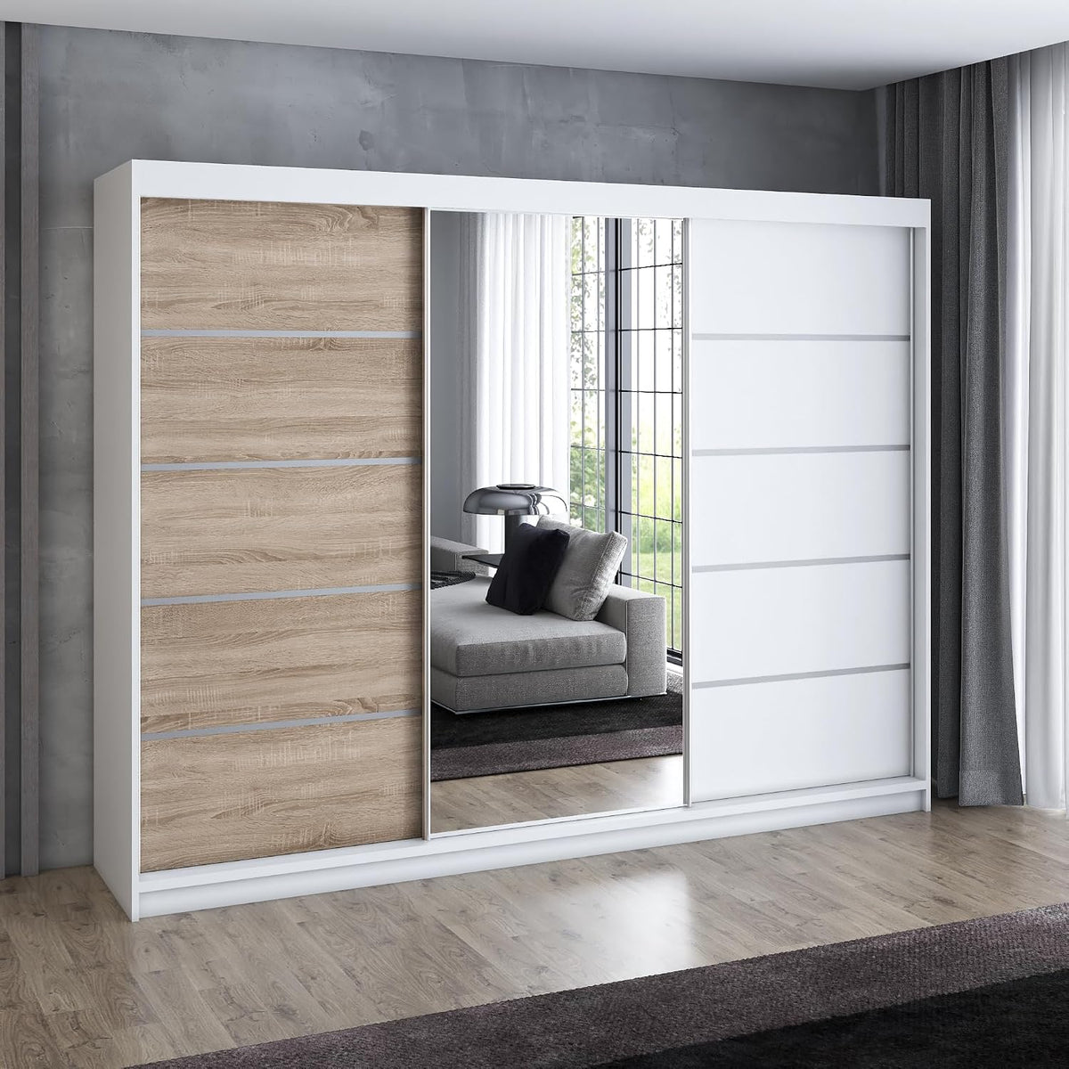 A&J MöbelLand Kleiderschrank, 200 cm, Grau, Schlafzimmerschrank, Schwebetürenschrank VILUNO 1 3-türig mit Spiegel