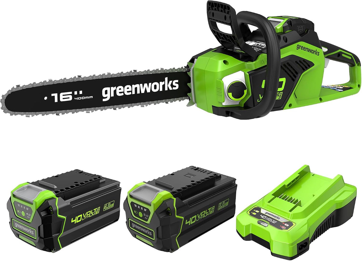 Greenworks Kettensäge, 40 cm, 40 V, 20m, 5 Ah, Grün/Schwarz, Akku- mit bürstenlosem Motor GD40CS18, Blattlänge, /s Kettengeschwindigkeit