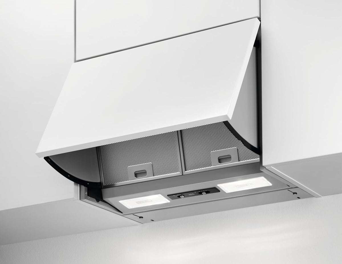 AEG Dunstabzugshaube, 266 m, 67 dB, 56 cm, Grau, DEB2531S Einbau- / Abluft oder Umluft / / / max. ³/h / min., max. (A) / D / Schiebeschalter /