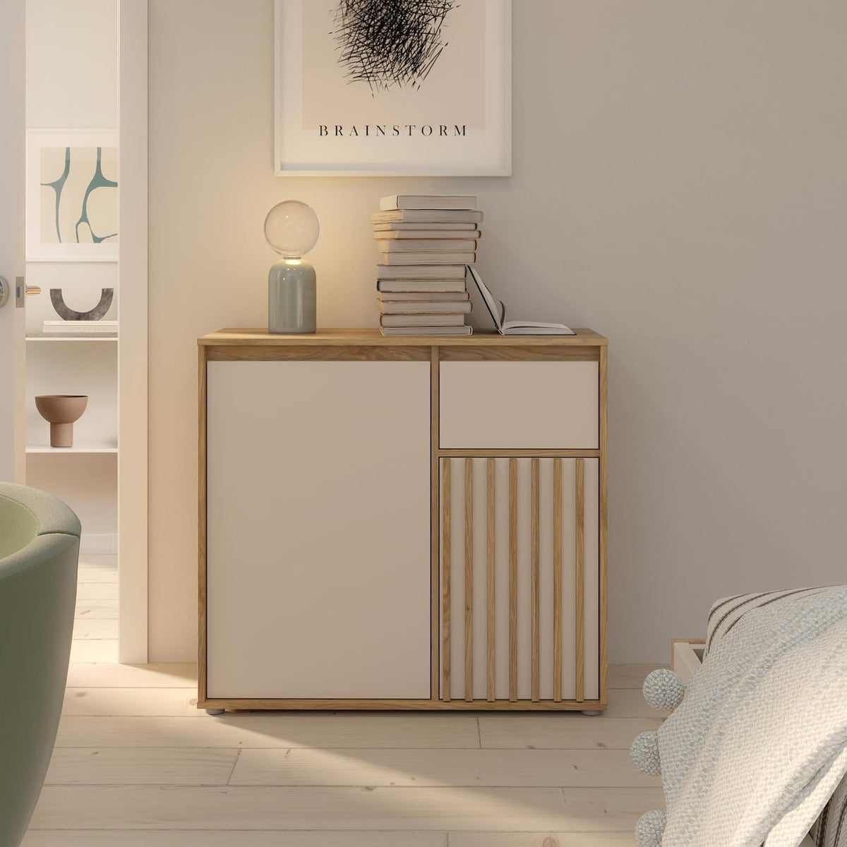 Forte Sideboard, Beige/Eiche, ELISTON Kommode 90, Moderne Kommode mit Lamellendesign, 2-türig, 1 Schublade, Wohn-/Schlafzimmer