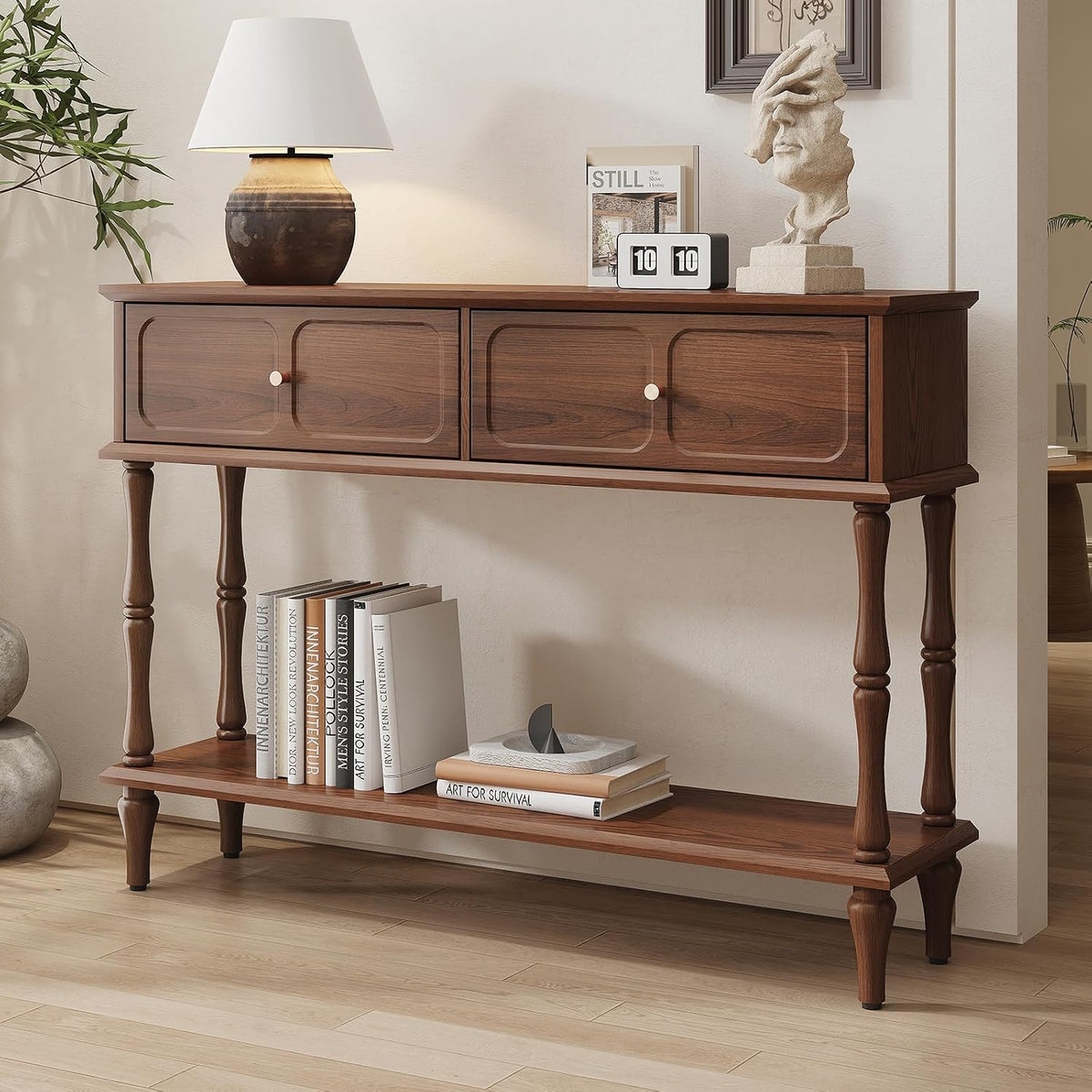HOLTICO Konsolentische, Braun, Konsolentisch mit Schubladen, Konsolentisch Holz Schmal mit Schublade fürs Wohnzimmer