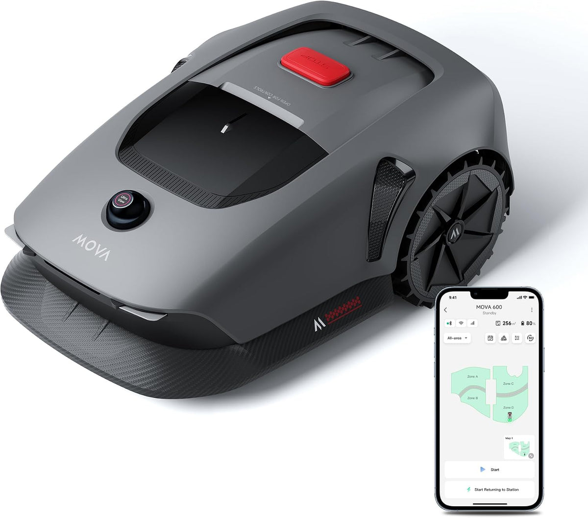 Mova Mähroboter, 600 m, Grau/Schwarz/Rot, Rasenmäher Roboter 360° 3D LiDAR ohne Begrenzungskabel &, Smarte Hindernisvermeidung