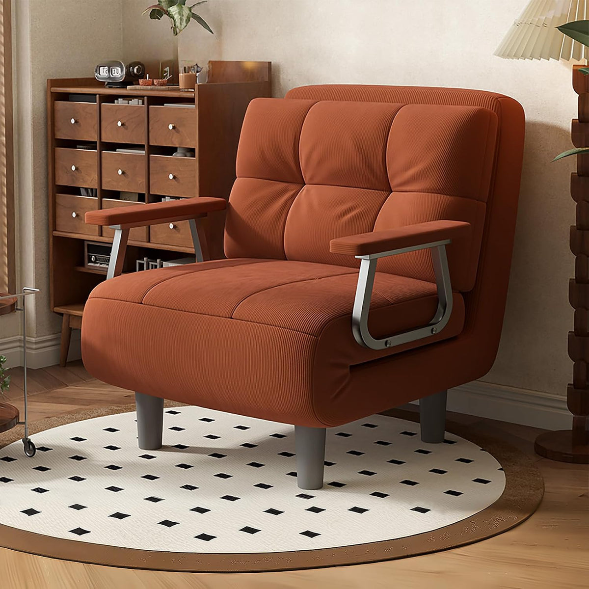 Sofa Fabulcozy, Orange, 1-Sitzer, umwandelbar, Schlaf, Sessel, großer Komfort, abnehmbar, mit Kissen, Armlehnen und Füßen aus Metall
