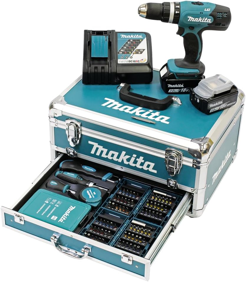 Makita Akkuschrauber, 3,0 Ah, 18 V, Blau/Silber, DHP453RFX2 Akku-Schlagbohrschrauber / im Alukoffer + 96tlg