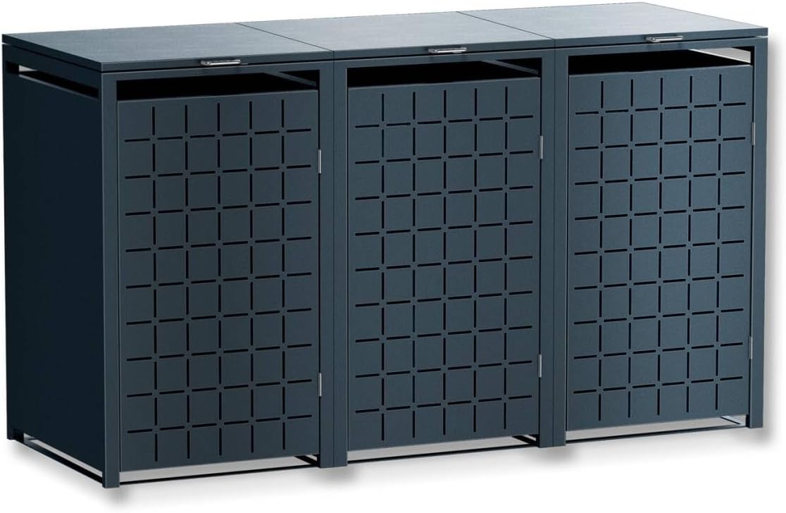 Metzler Mülltonnenbox, 240 L, Anthrazit, 3er mit Quadratmuster, Metall Mülltonnenverkleidung für 3 Tonnen abschließbar