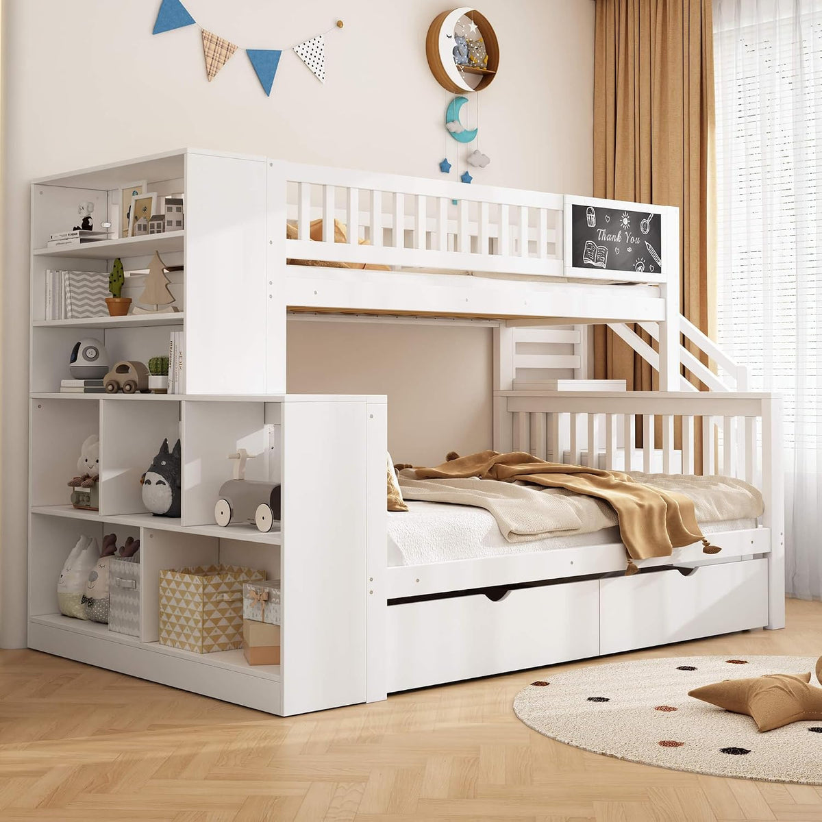 HYUB Bett, 140x200 cm, Weiß, Etagen Kinder 90x200 und mit Aufbewahrungsschränken und, Stock mit Tafel und Stauraum