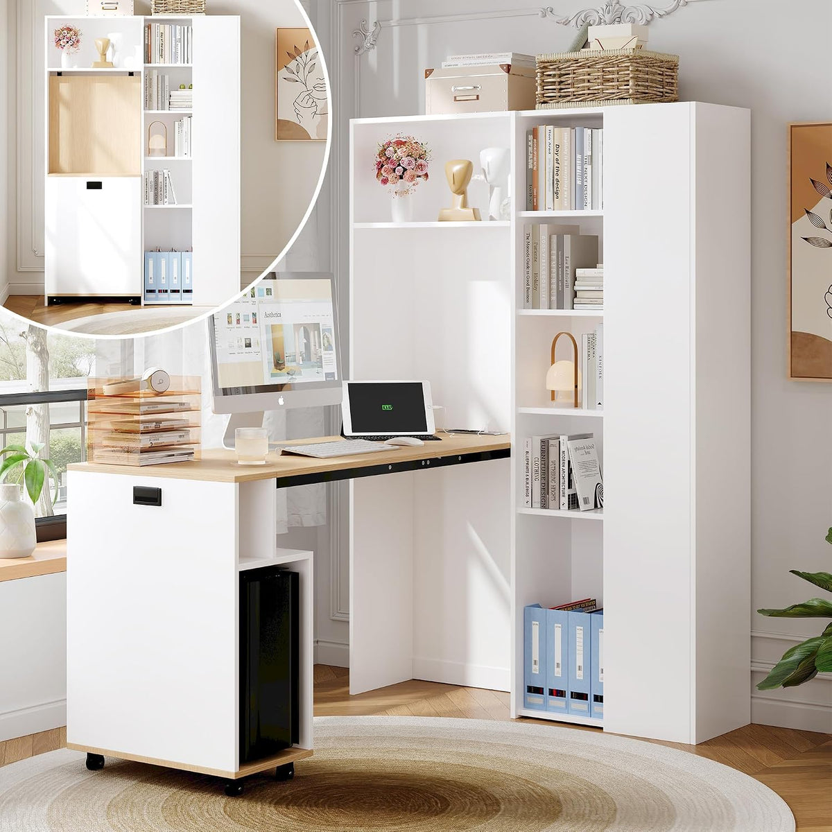 Merax Bücherregal, MDF, Weiß, klappbarer Schreibtisch mit Regal, 2 in 1 und Arbeitstisch mit Steckdose und USB