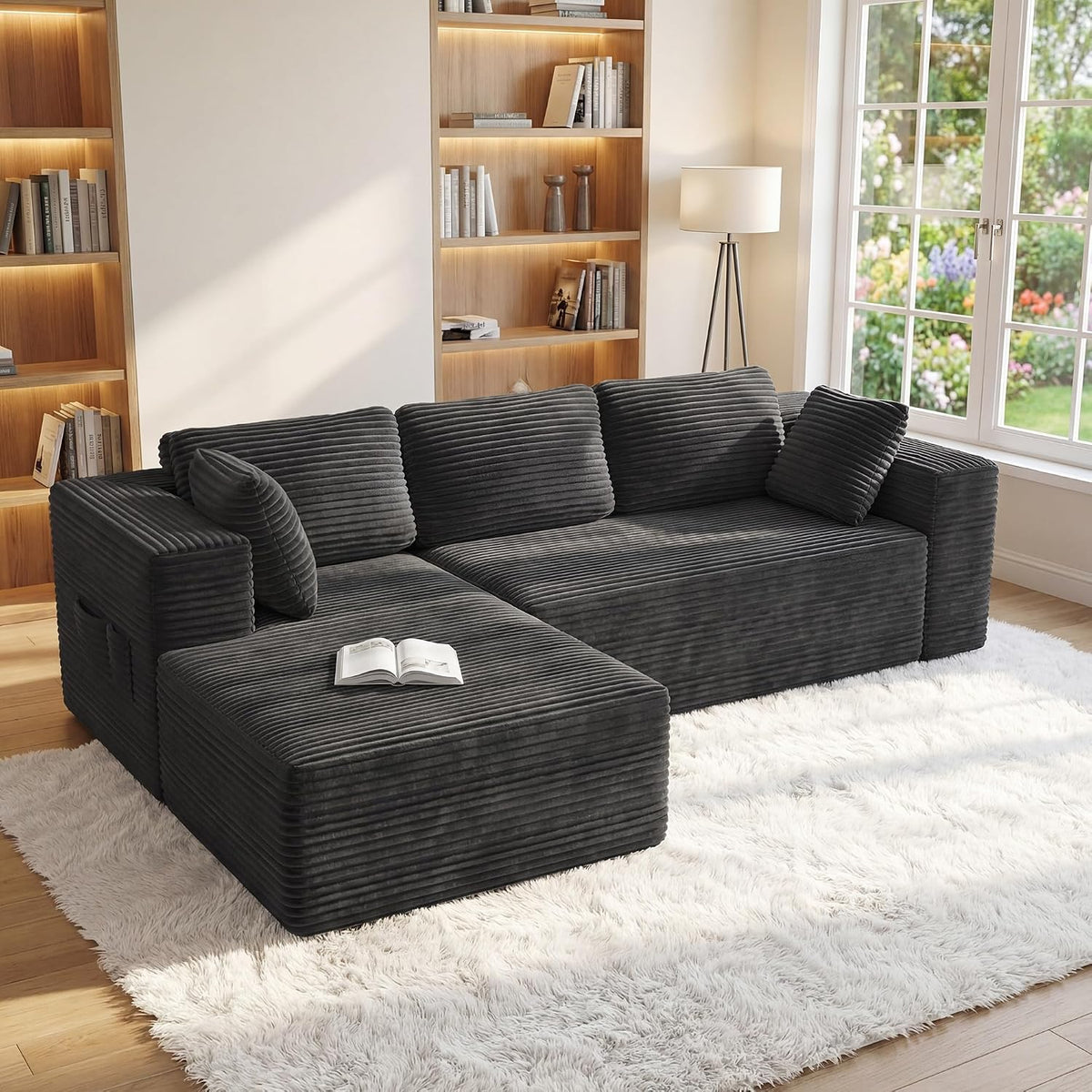 Xbro Sofa, 250 x 136 x 40 cm, Schwarz, Eck L-Form modular, Montagefrei Cord Couch 3-Sitzer, Flexibel kombinierbar mit Kissen & Seitentaschen