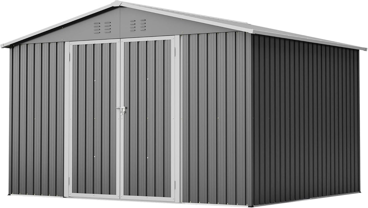 Gxffipw Gerätehaus, 300x252x191 cm, Grau, Gartenhaus Metall Geräteschuppen mit Klapptür, Gartenschuppen mit Satteldach und Stauraum