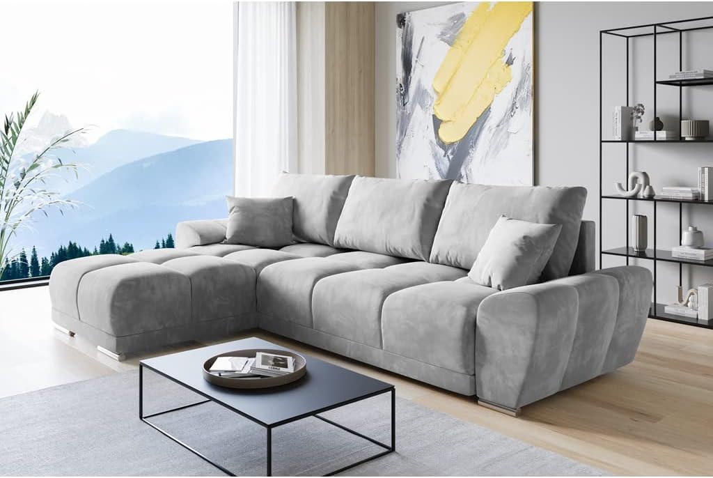 ML Furniture Ltd Sofa, 289 x 189 cm, Hellgrau, ML Velvet Eck in L-Form, Couch mit Stauraum und Kissen - Ausziehbares Schlaf