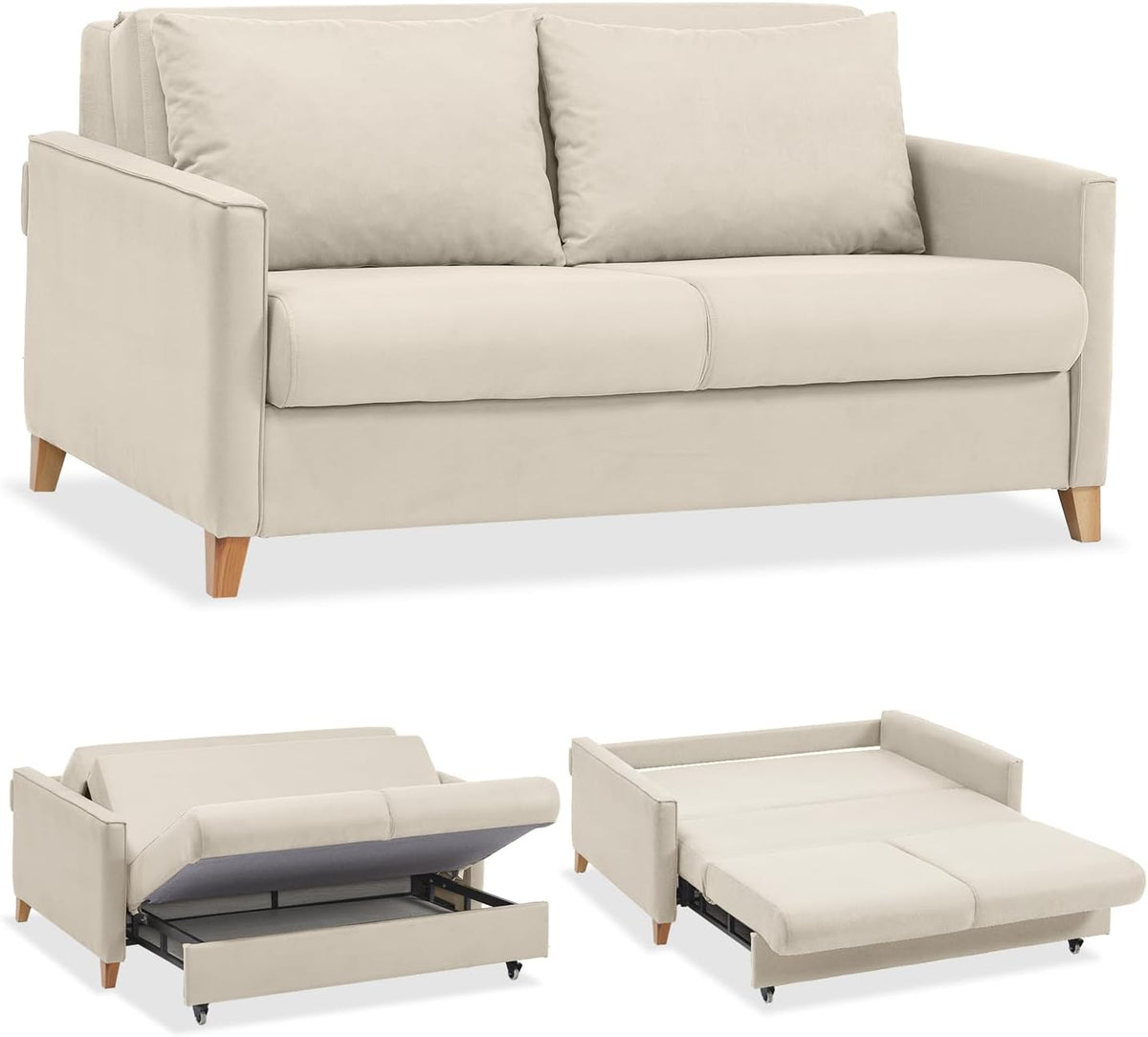 Sofa EVERGREENWEB MATERASSI & BEDS, Beige, Schlaf mit Bettkasten, Umwandelbar 2-Sitzer Couch mit Ausziehbarer Chaise Longue