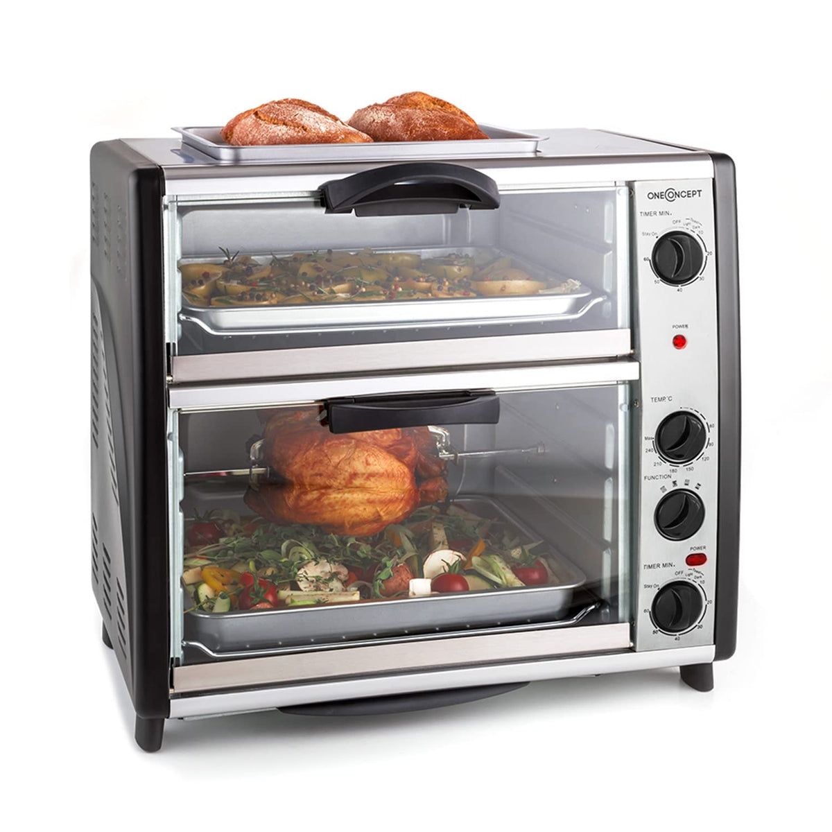 Oneconcept Backofen, 2350 Watt, 42 Liter, 2400 W, silber, All-You-Can-Eat Doppel- - elektrischer, zwei getrennten Backräume