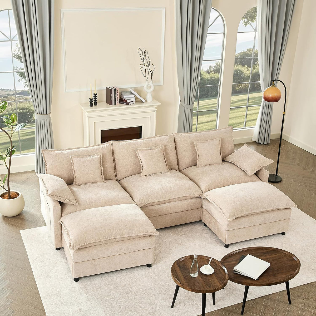 Sofa Litbird, Hellbraun, U-förmiges modulares 3-Sitzer Eck mit Hocker, tiefes Sitzdesign, Cloud Couch für Wohnzimmer