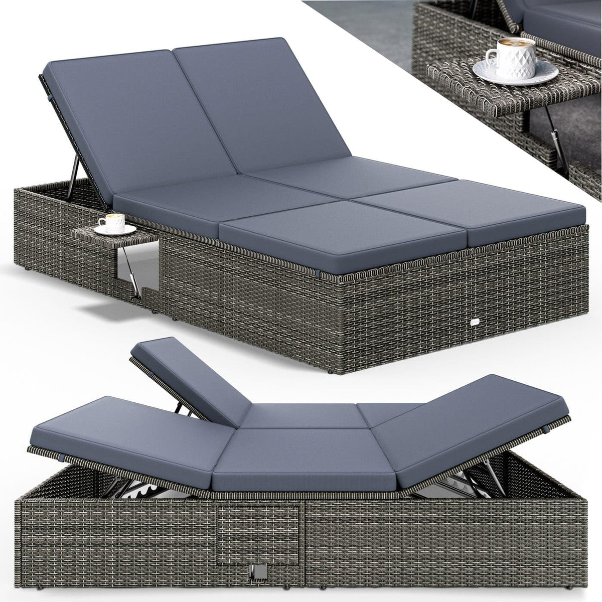 Casaria Waschmaschine, 200x115 cm, 220 kg, 7 cm, Grau/Anthrazit, Sonnenliege 2 Personen mit Klapptisch Auflagen Wetterfest