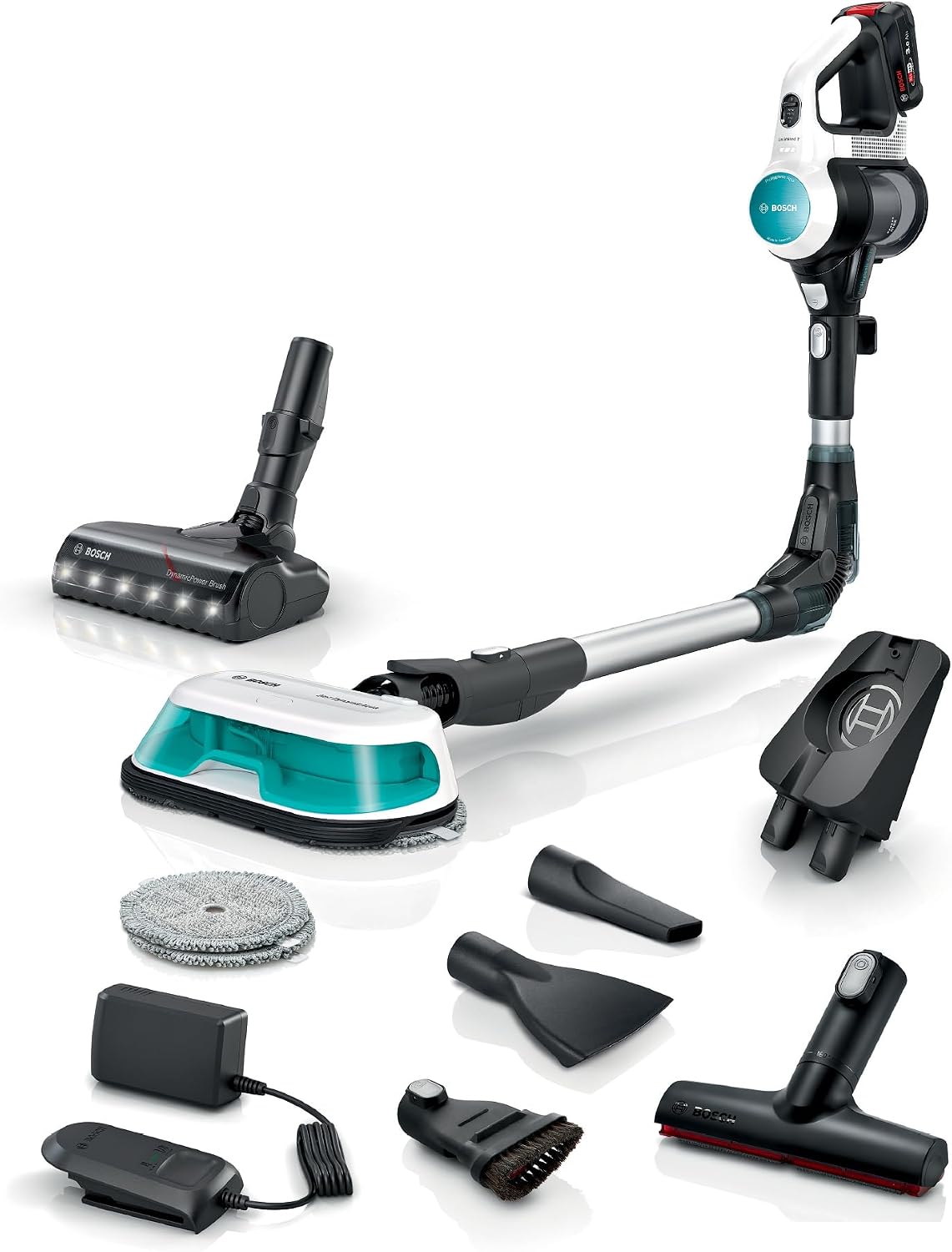 Bosch Staubsauger, Weiß, Akku- Unlimited 7 ProHygienic Aqua BKS71HYG1, kabellos, 2in1 Saugen & Wischen, Knickrohr