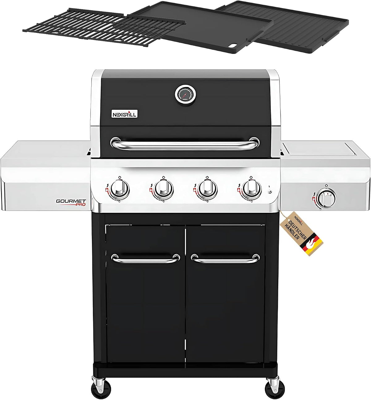 Nexgrill Kochfeld, Mehrfarbig, Gourmet Pro 4-Brenner Gasgrill mit Seiten & Plancha, Edelstahl Gasgrill mit porzellanbeschichteten