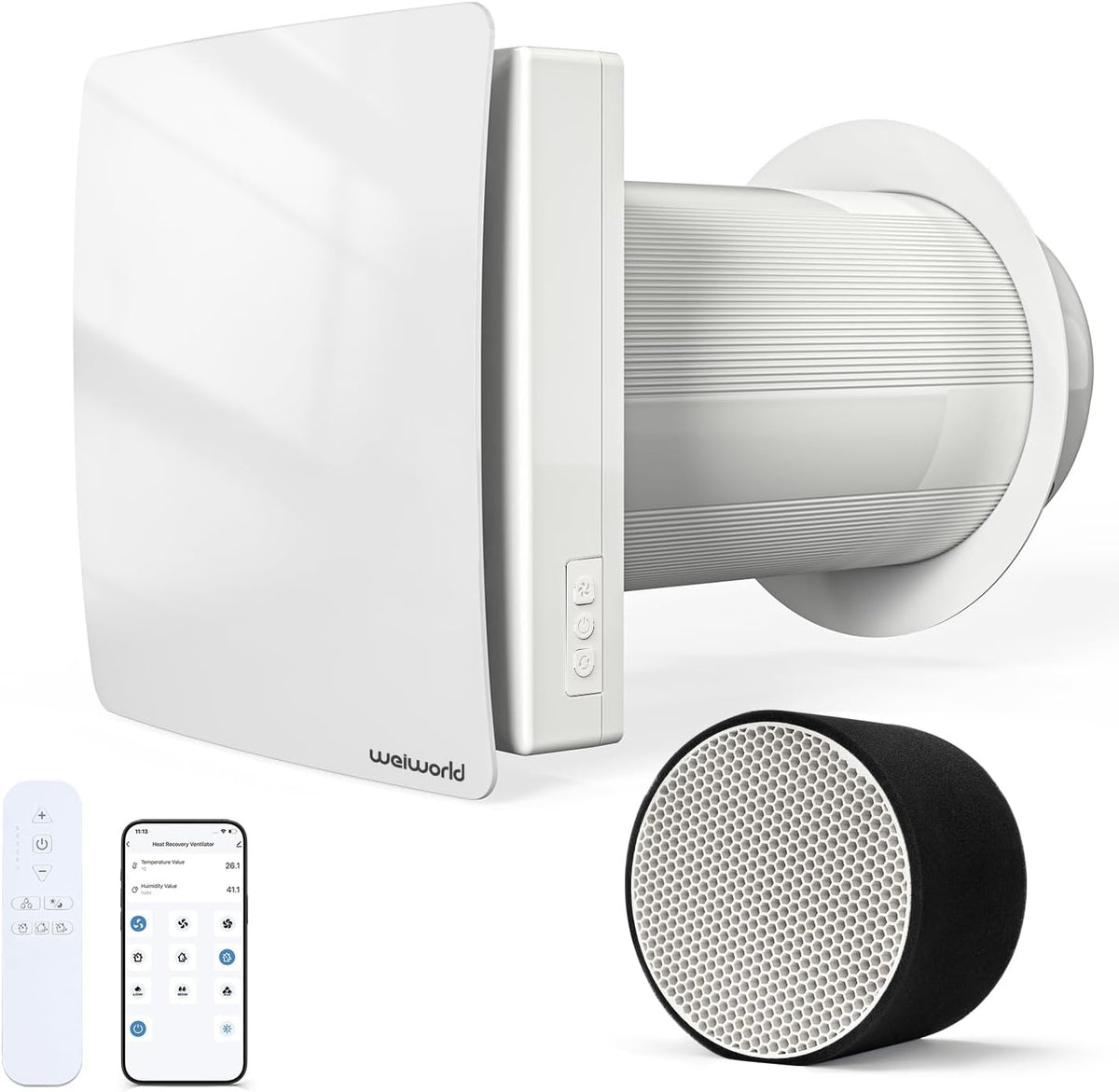 Weiworld Belüftungsgeräte, 150 mm, Schwarz, VT501 Dezentrale Wohnraumlüftung mit Wärmerückgewinnung, Wandlüfter mit Keramik-Wärmetauscher