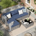 Amopatio Sofa, Grau, Rattan Gartenmöbel-Set, Poly Rattan Sitzgruppe Couch 5 Teilig mit 3er, Sessel, Kissen und Glastisch für Garten