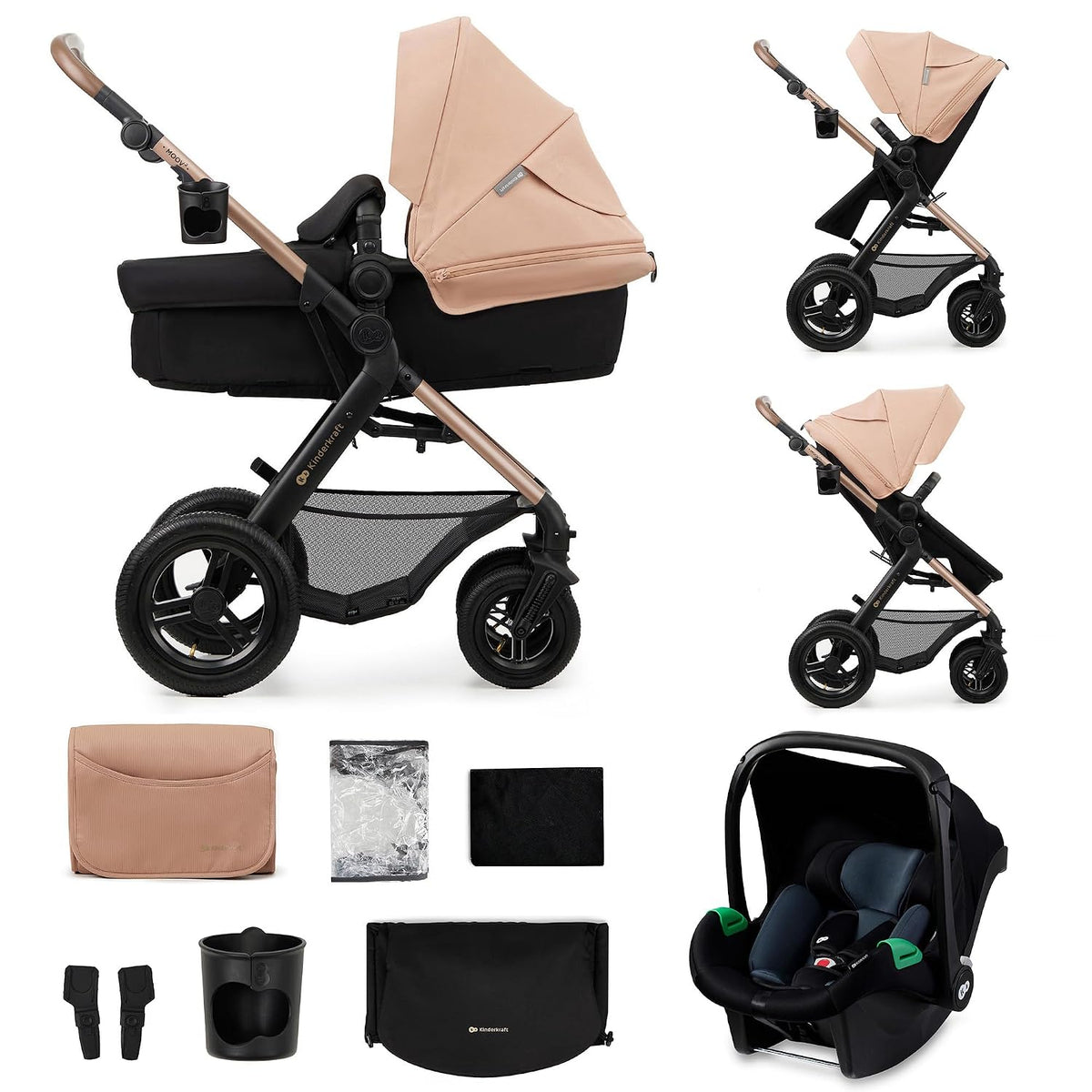 Kinderkraft Kindersitz, 22 kg, 75 cm, Beige, MOOV2 AIR Kinderwagen 3 in 1 Kinderwagenset bis mit I-SIZE, Buggy Funktion