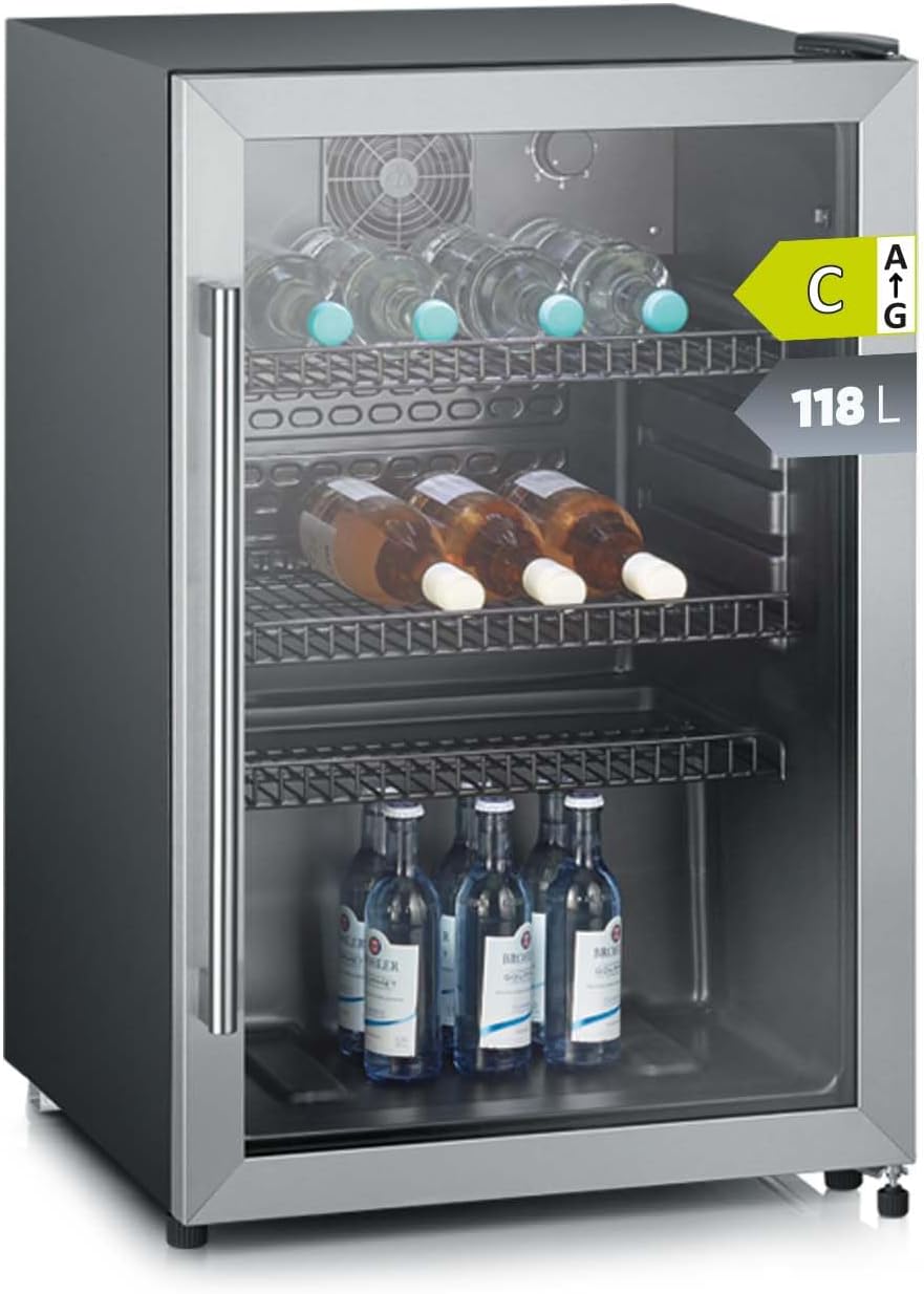 Severin Kühlschrank, 118 L, schwarz/silber, Flaschen, mit integriertem Schloss und integrierter LED-Beleuchtung