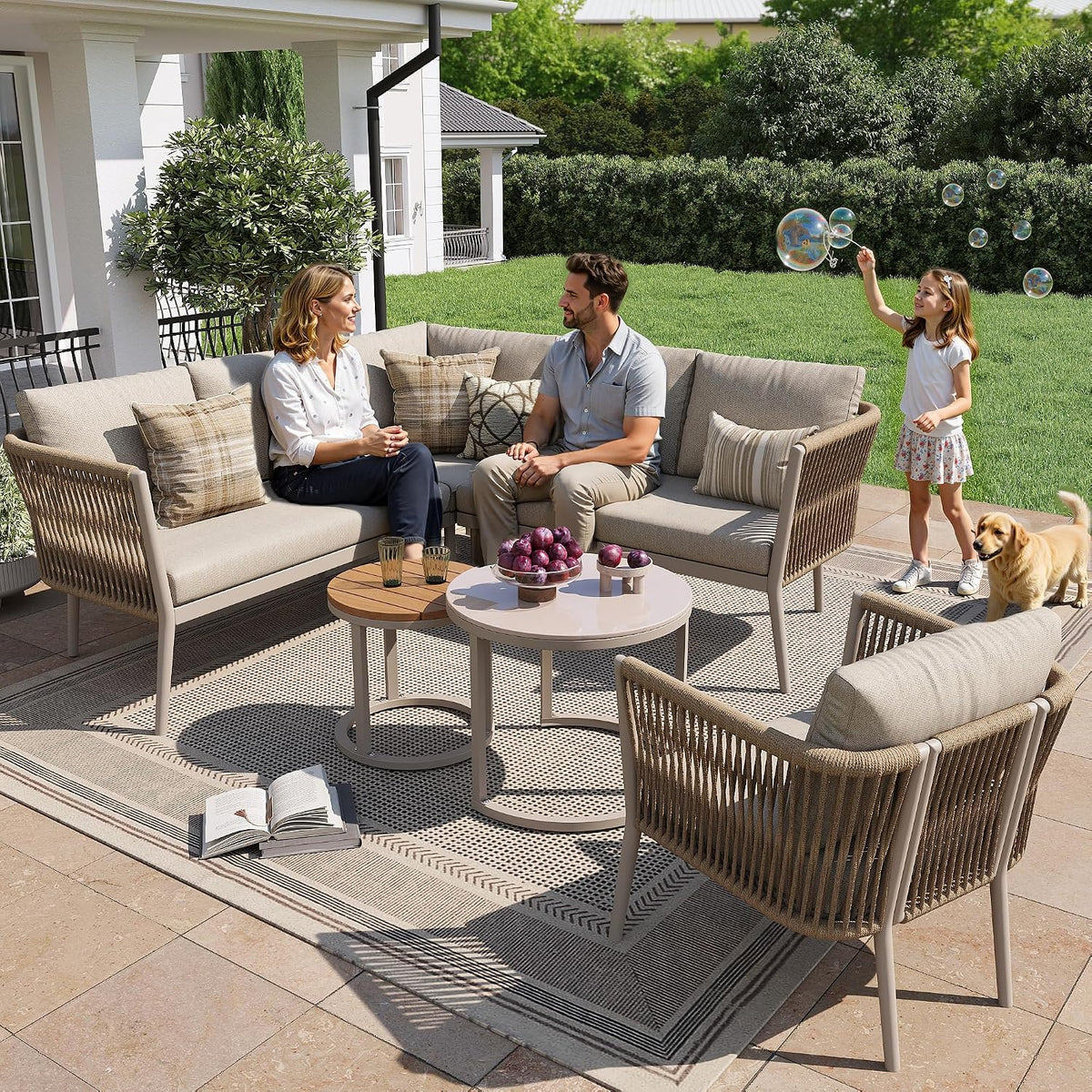 Sofa Lcoho, Beige, Gartenlounge-Set für 5-6 Personen, Großes Outdoor Set, 6-teiliges PE-Rattan Sitzgruppe mit wasserfester Sitzbank