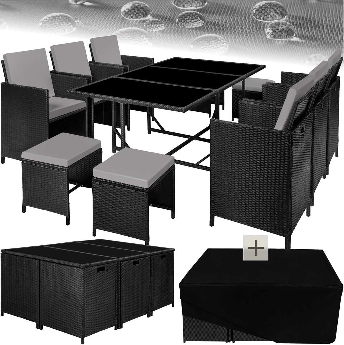 Gartenmöbel-Set tectake, Pulverbeschichteter Stahl, Polyethylen, Polyester, Glas, schwarz/grau