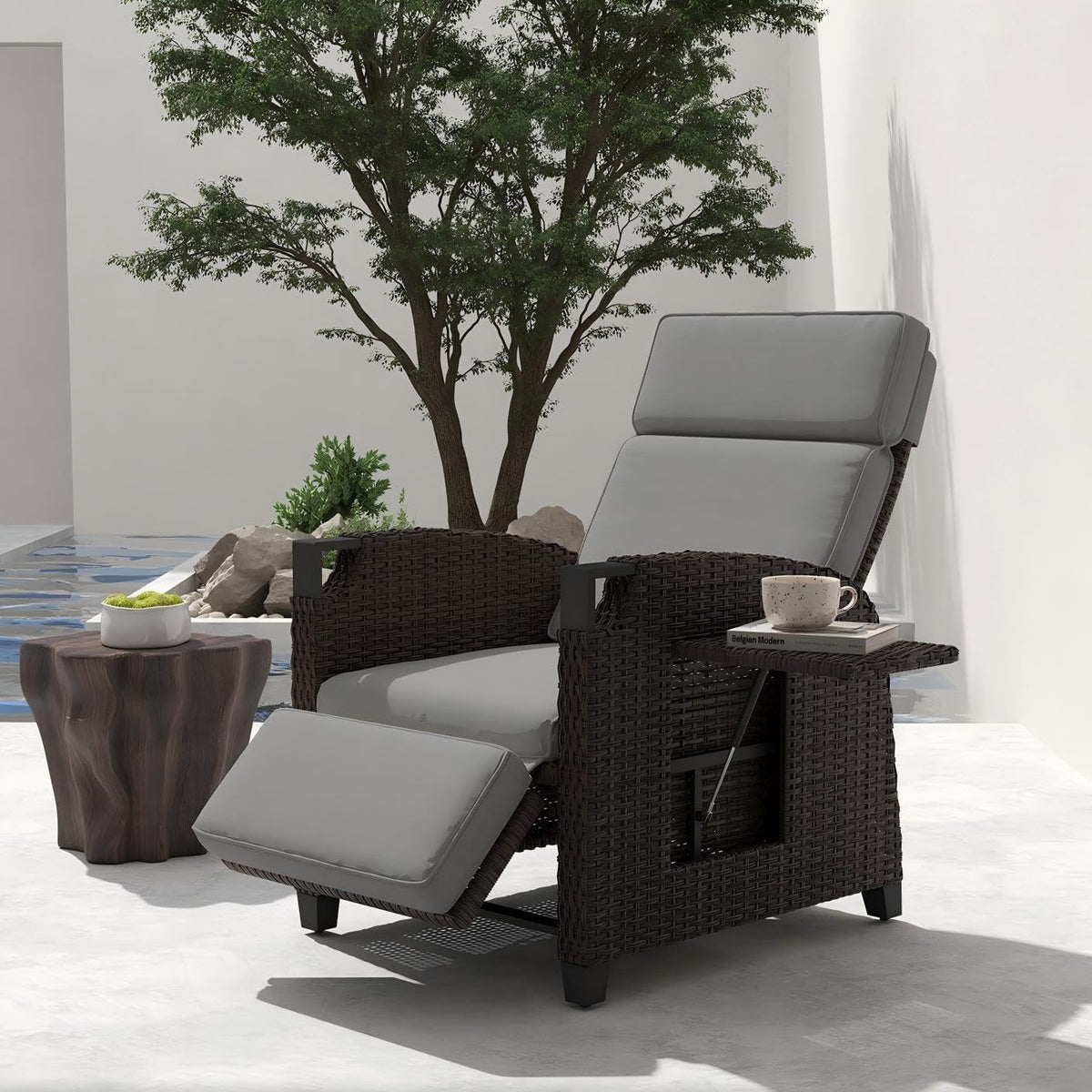 UDPATIO Beistelltisch, Grau, Liegesessel mit Sitzkissen Gartensessel Wetterfest 150°, Rückenlehne Rattan Sonnenliege mit für Innen