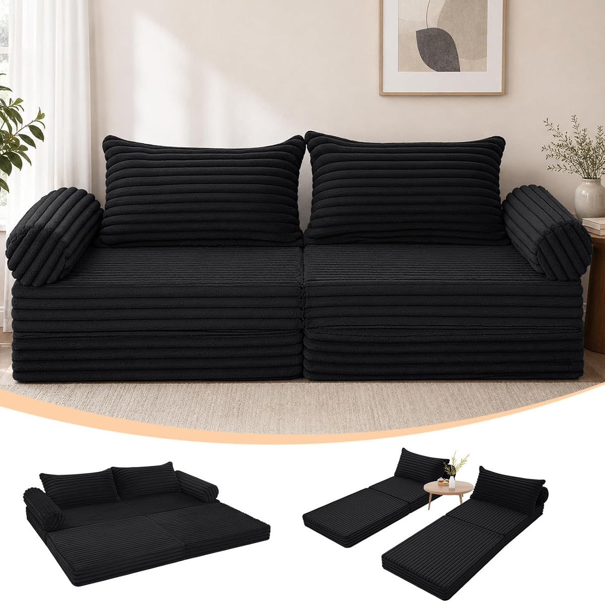 Sofa MeMoreCool, Schwarz, Umwandelbares Schlaf mit Kissen, Boneless Couch, Faltbares Futon für kleine Räume, bett für Wohnzimmer